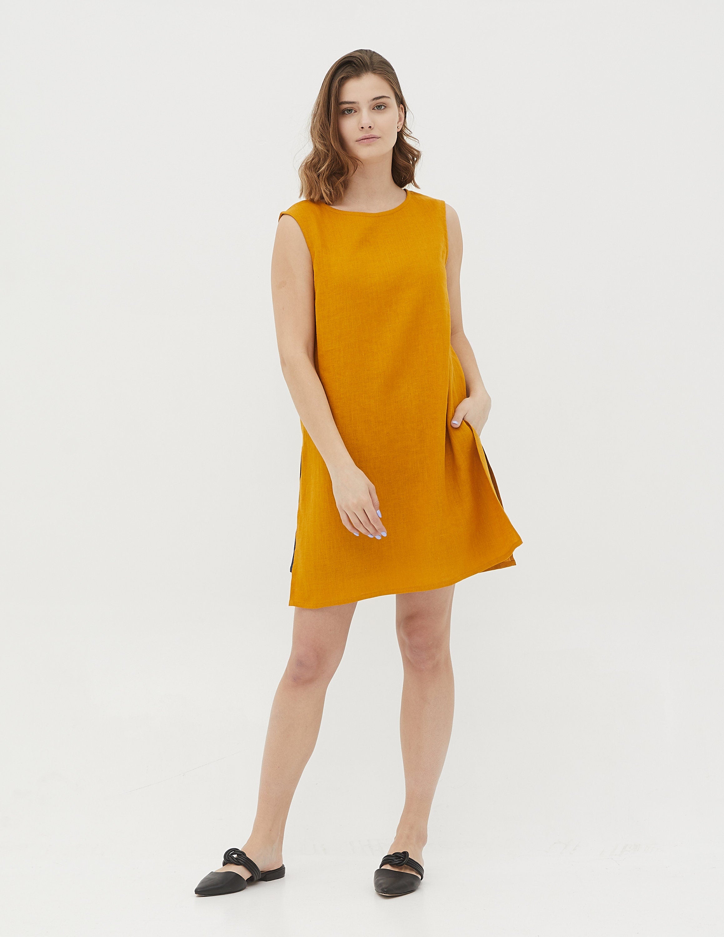 MARISA long linen sleeveless top with rise splits, sleeveless linen top, hight splits