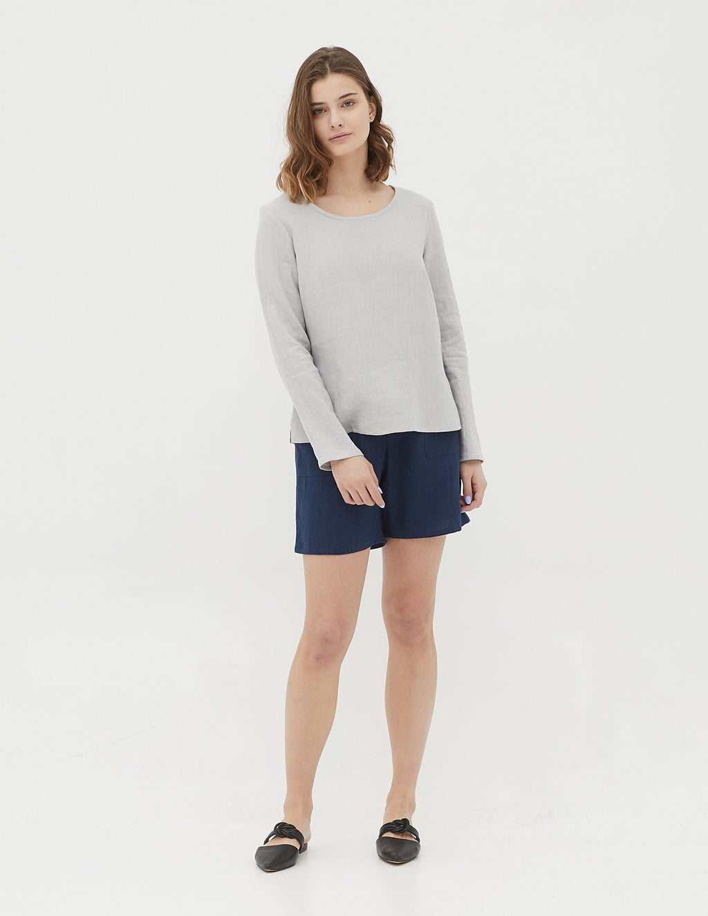 LORA long sleeve linen top, light grey colour linen shirt with splits on the sides, Simple long sleeve linen shirt in natural colour