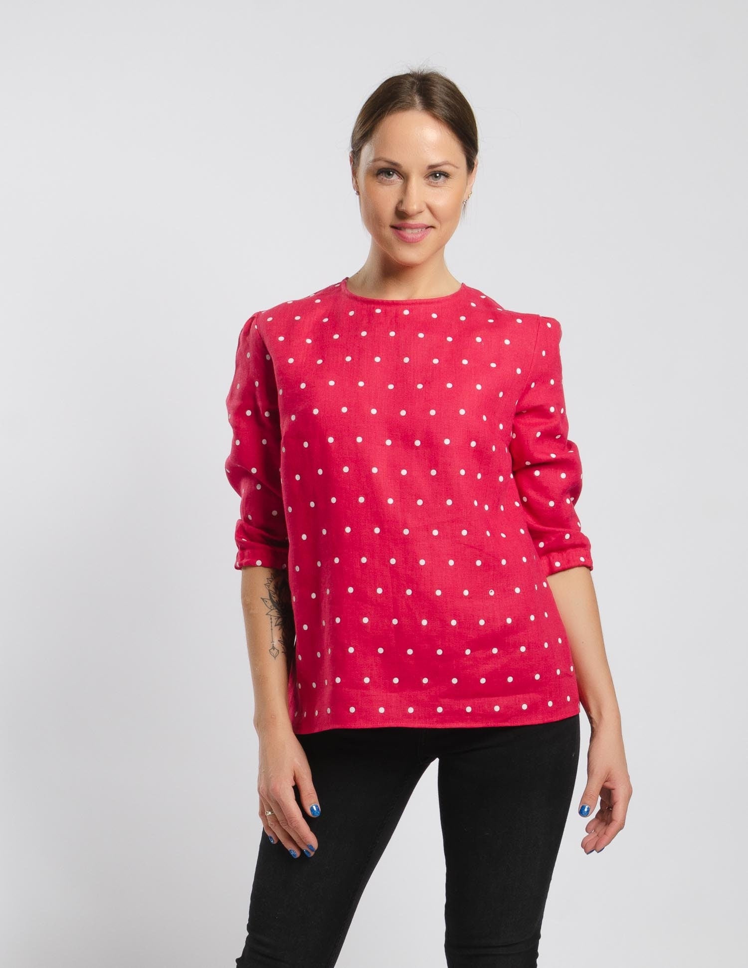 EMILY linen blouse | raspberry polka dots