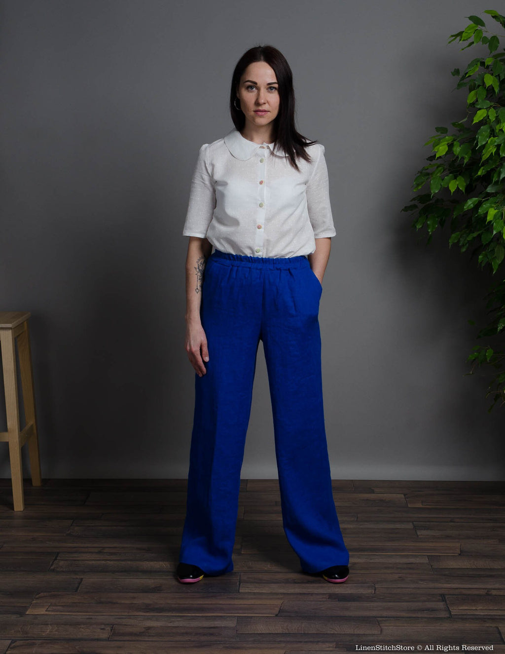 LESLIE deep blue wide-leg linen pants