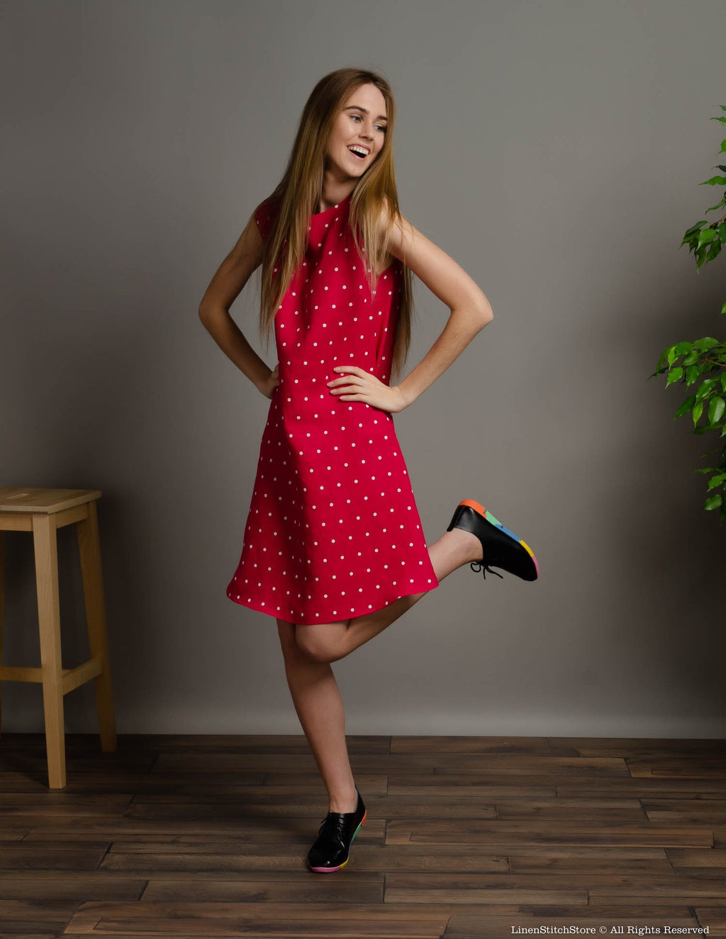 BRITNEY Linen dress | Raspberry dots