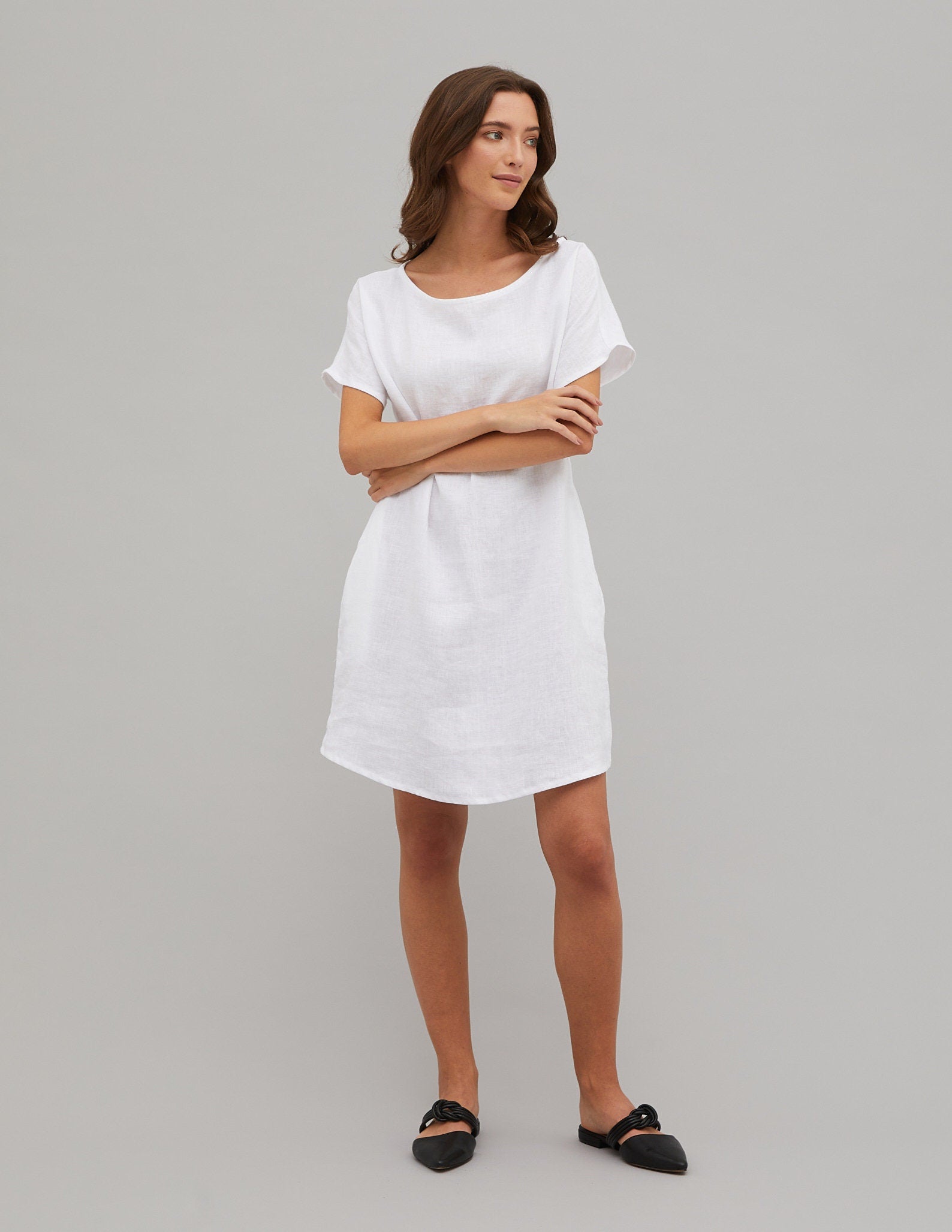 SANDRA White short sleeve linen summer dress