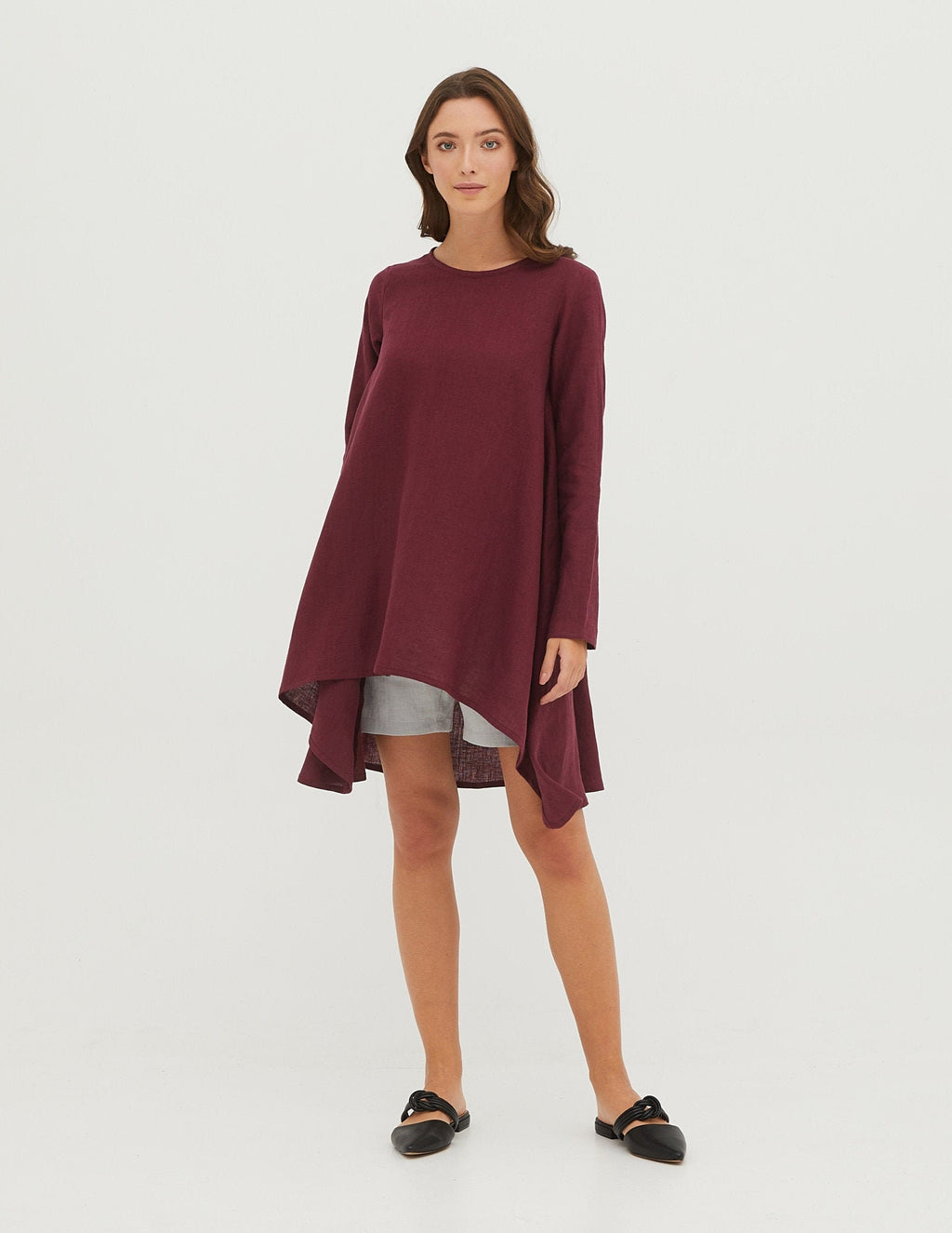 APRIL Asymmetric long sleeve MARSALA colour linen tunic for women, loose linen tunic, long linen tunic, wide linen blouse, loose linen top