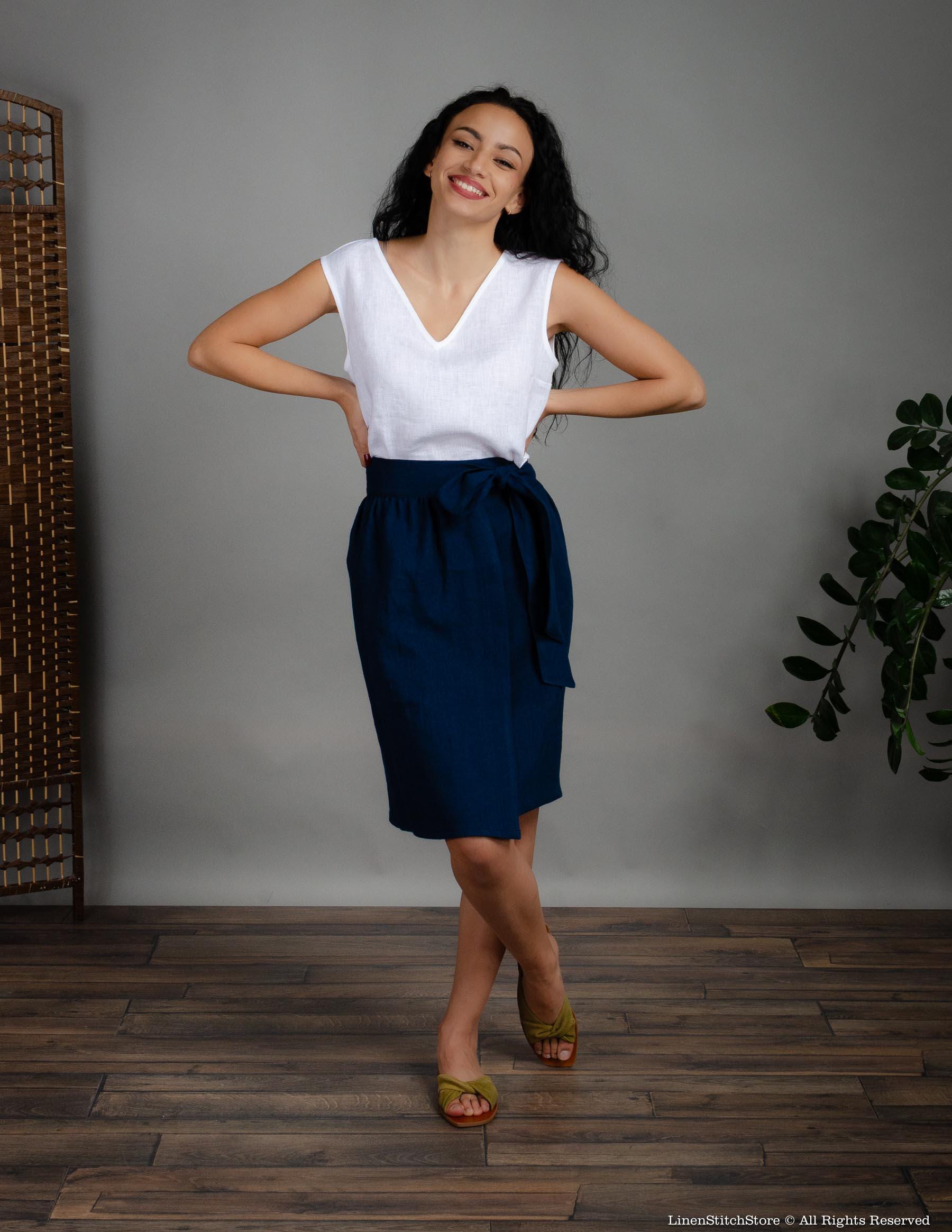 MILANA Wrap linen skirt | Navy blue