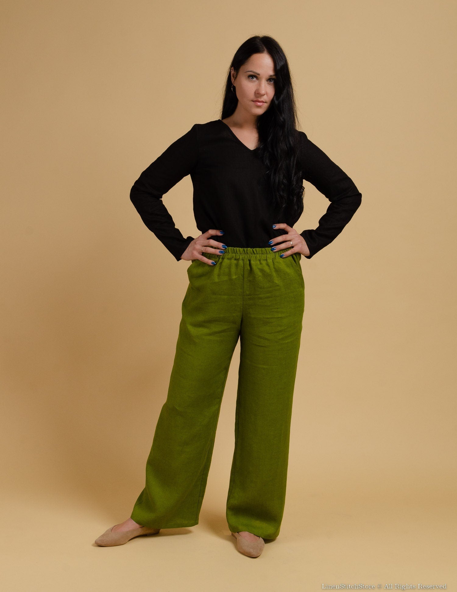 LESLIE Wide-leg linen pants | Olive green