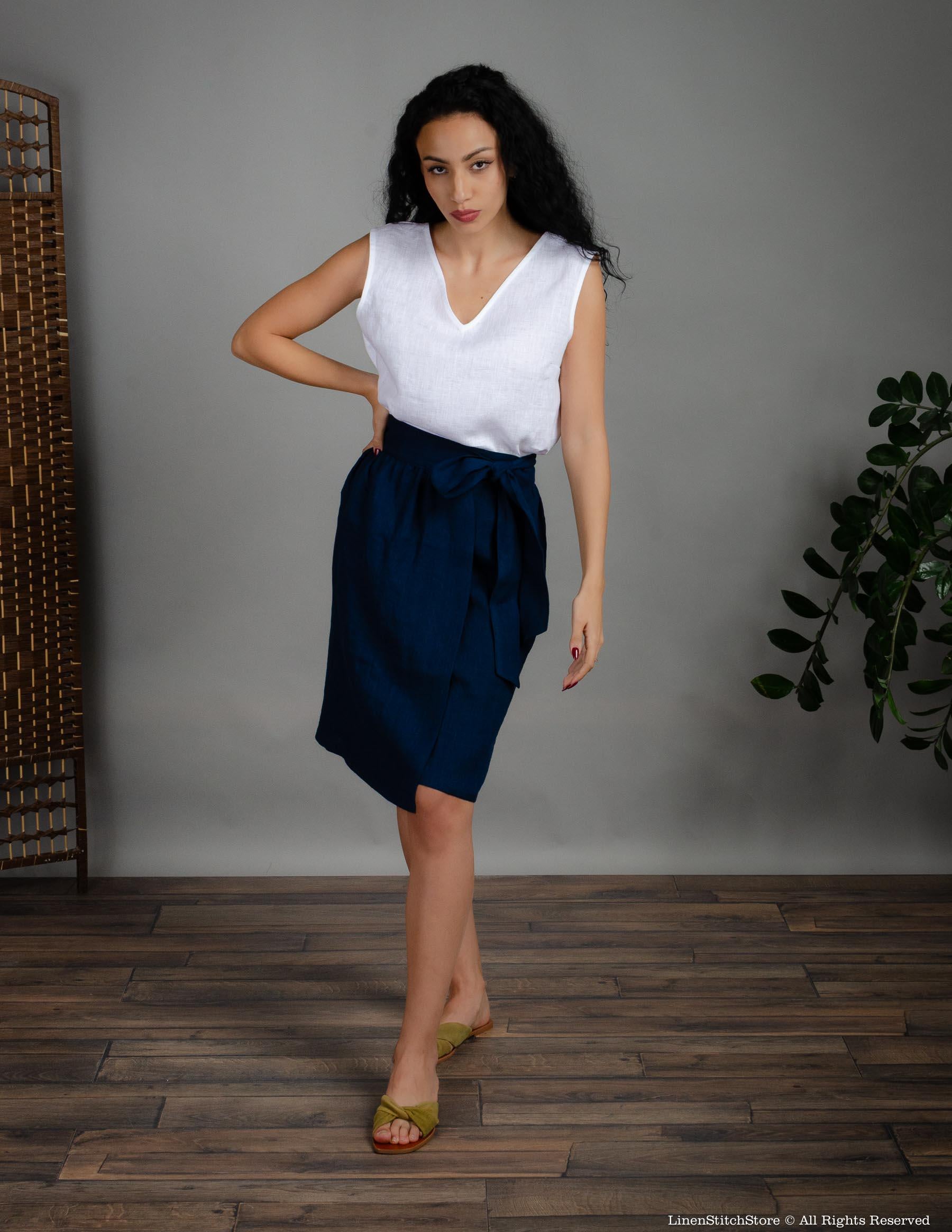 MILANA Wrap linen skirt | Navy blue