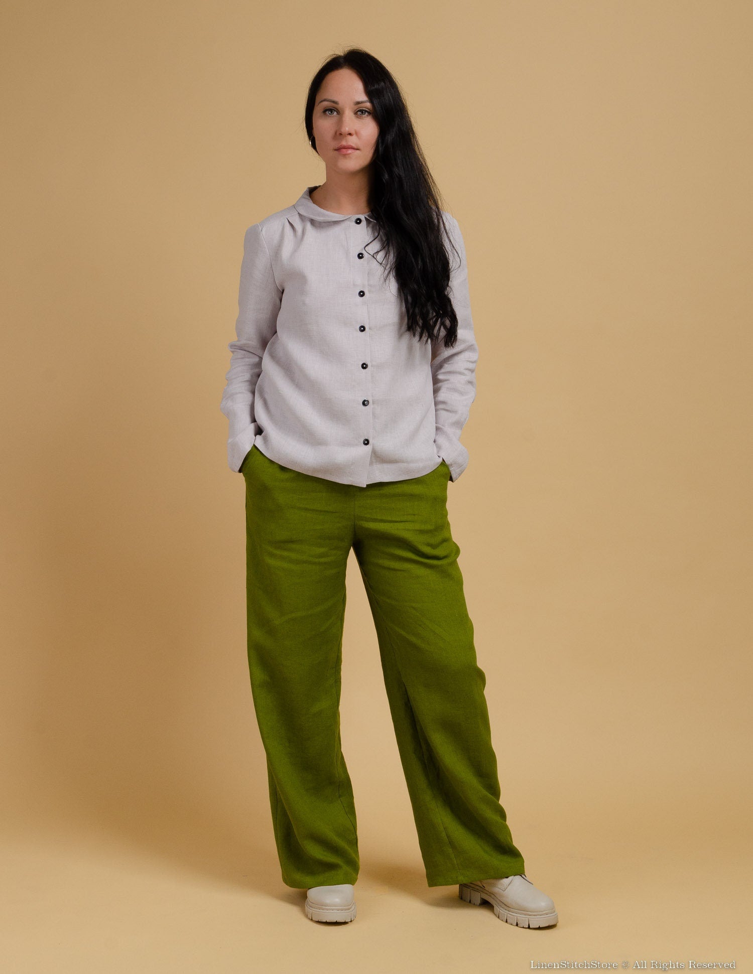 LESLIE Wide-leg linen pants | Olive green