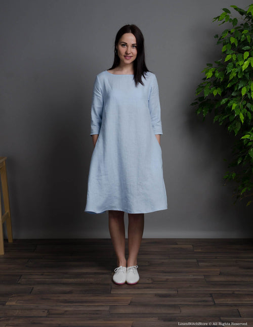 BARBARA light blue medium sleeve linen dress