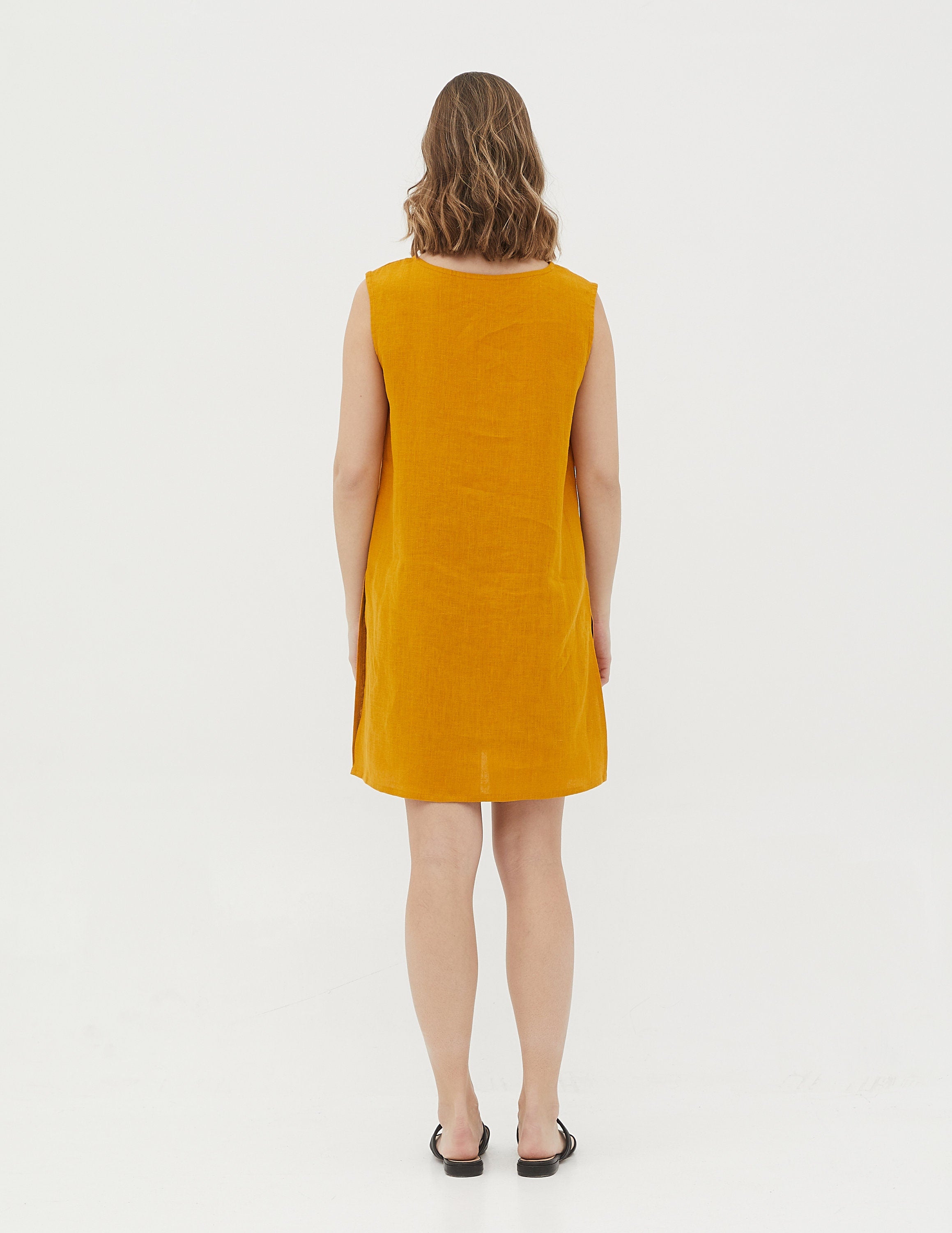 MARISA long linen sleeveless top with rise splits, sleeveless linen top, hight splits