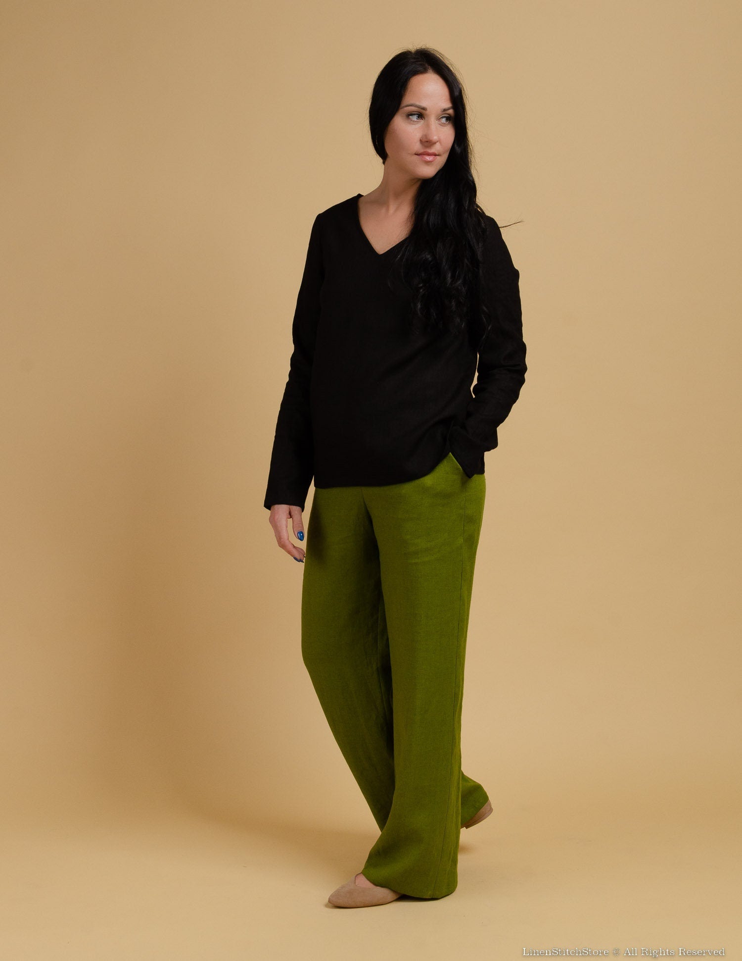 LESLIE Wide-leg linen pants | Olive green
