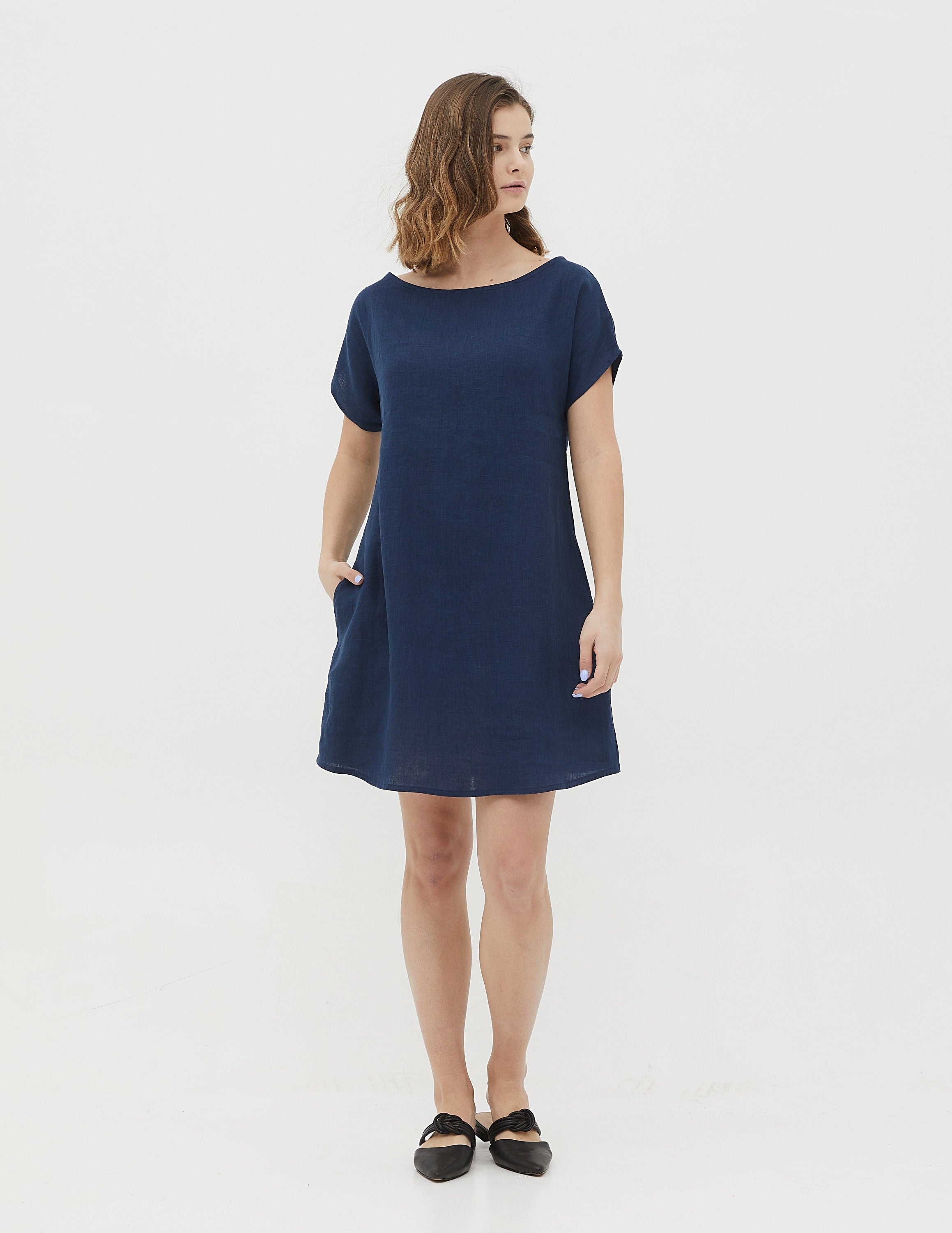 SANDRA Navy blue linen summer dress
