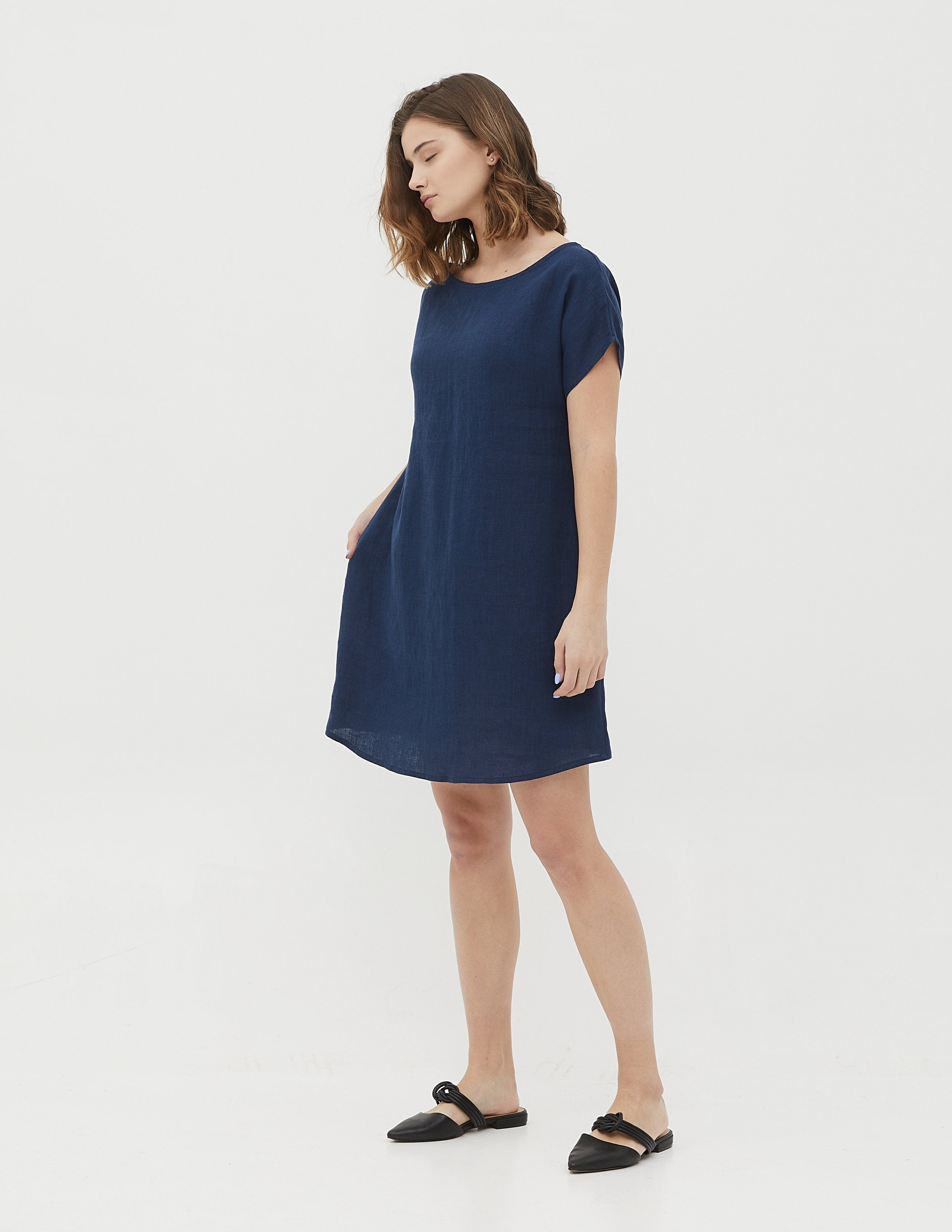 SANDRA Navy blue linen summer dress