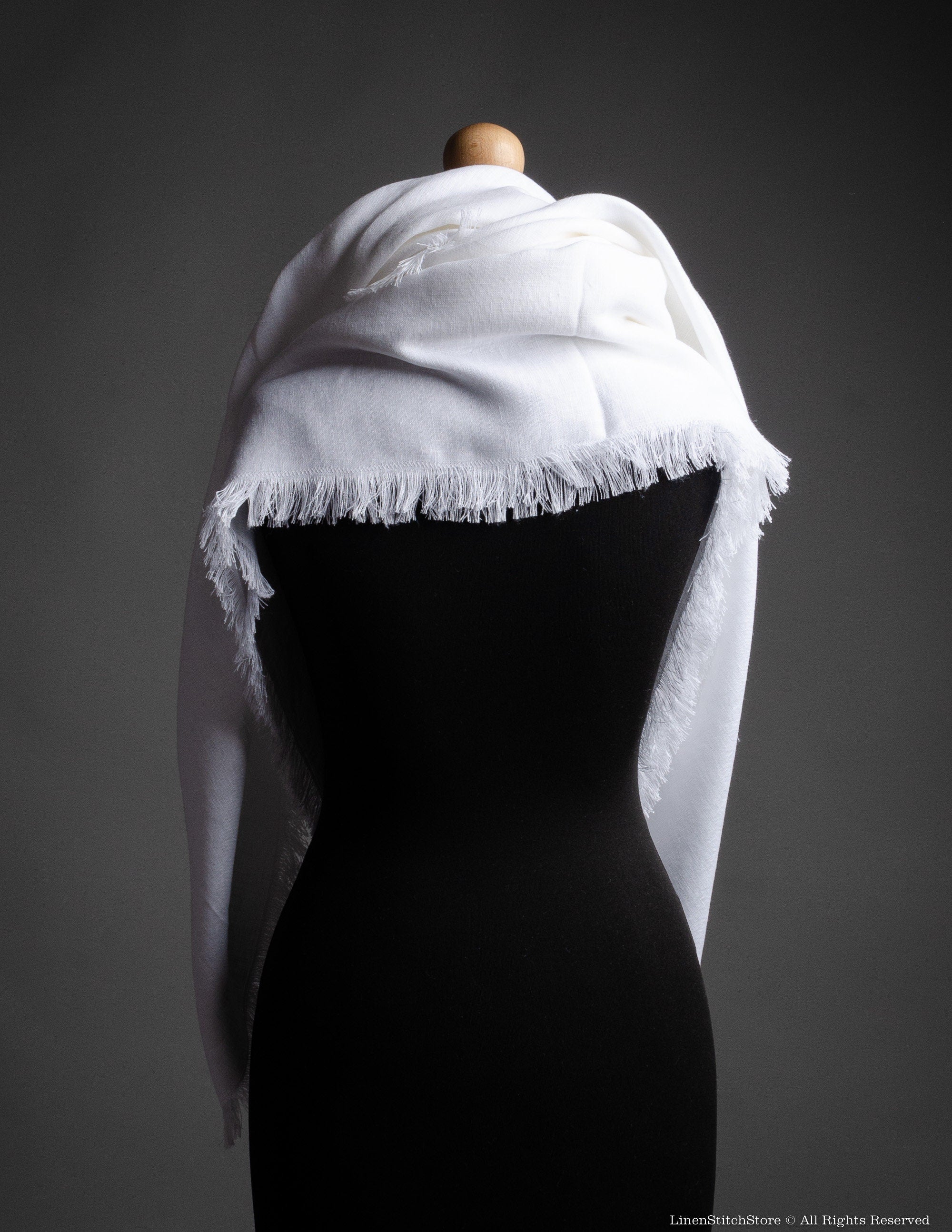 Fringled extra large WHITE color linen shawl for women, linen unisex scarf, unisex Christmas gift, brown linen wrap, tasseled linen shawl