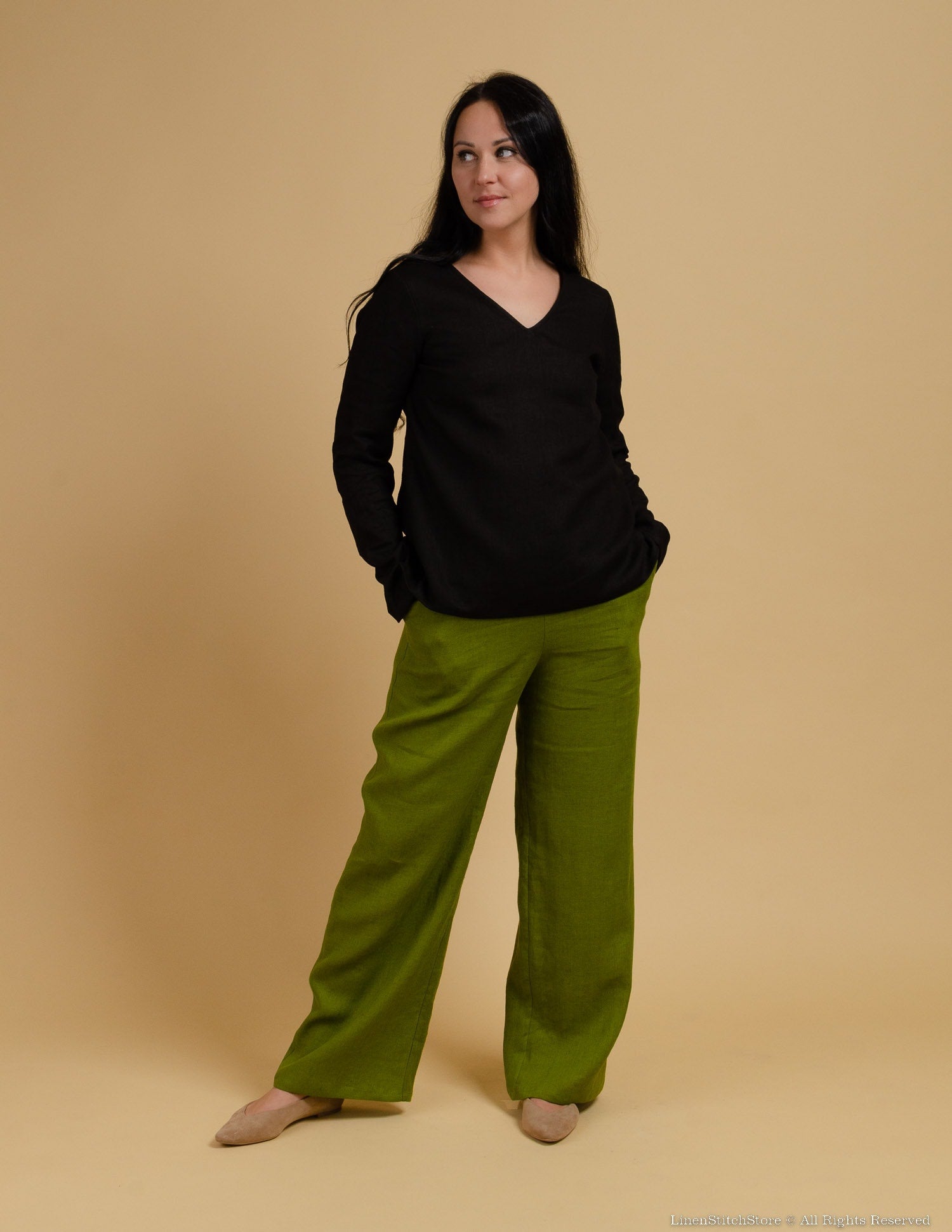 LESLIE Wide-leg linen pants | Olive green