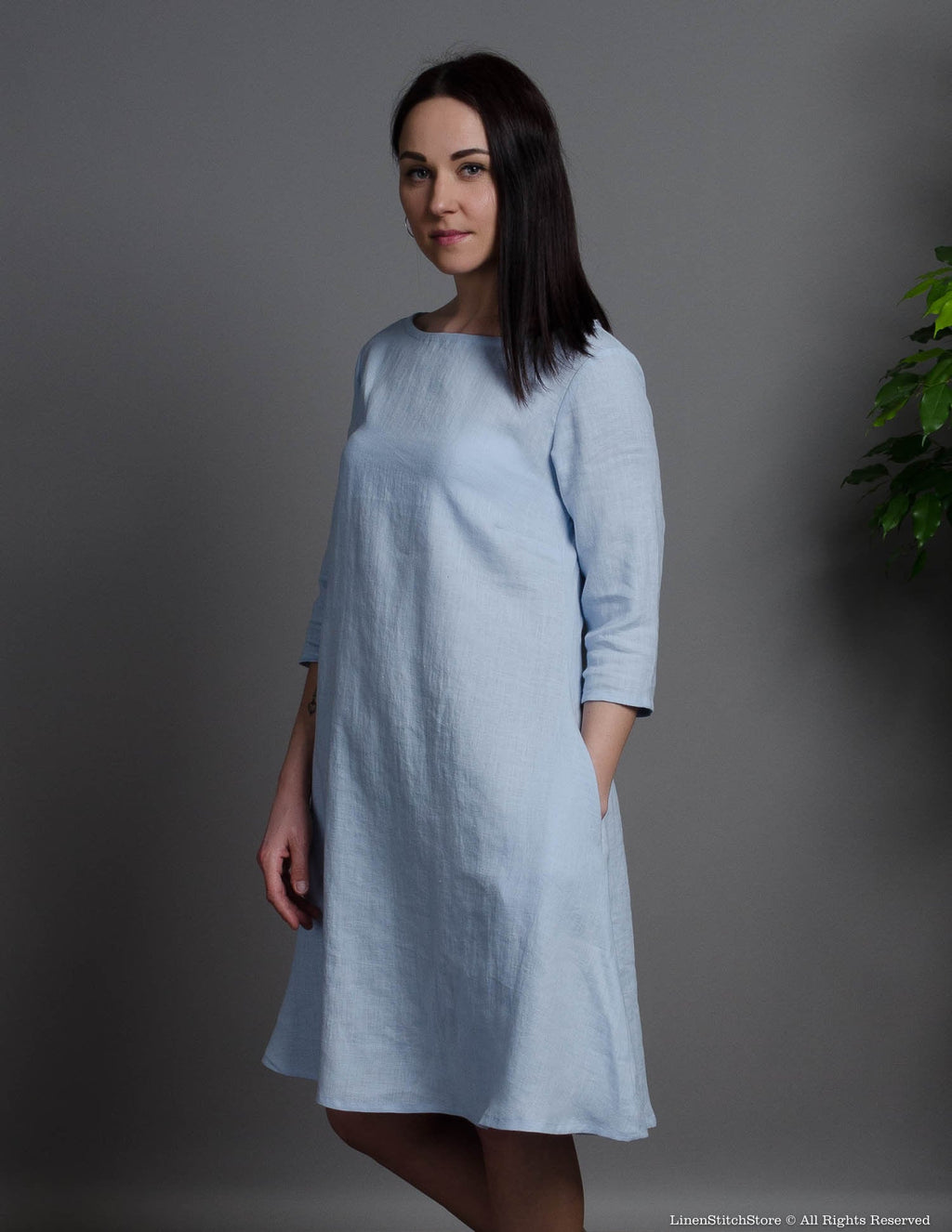 BARBARA light blue medium sleeve linen dress