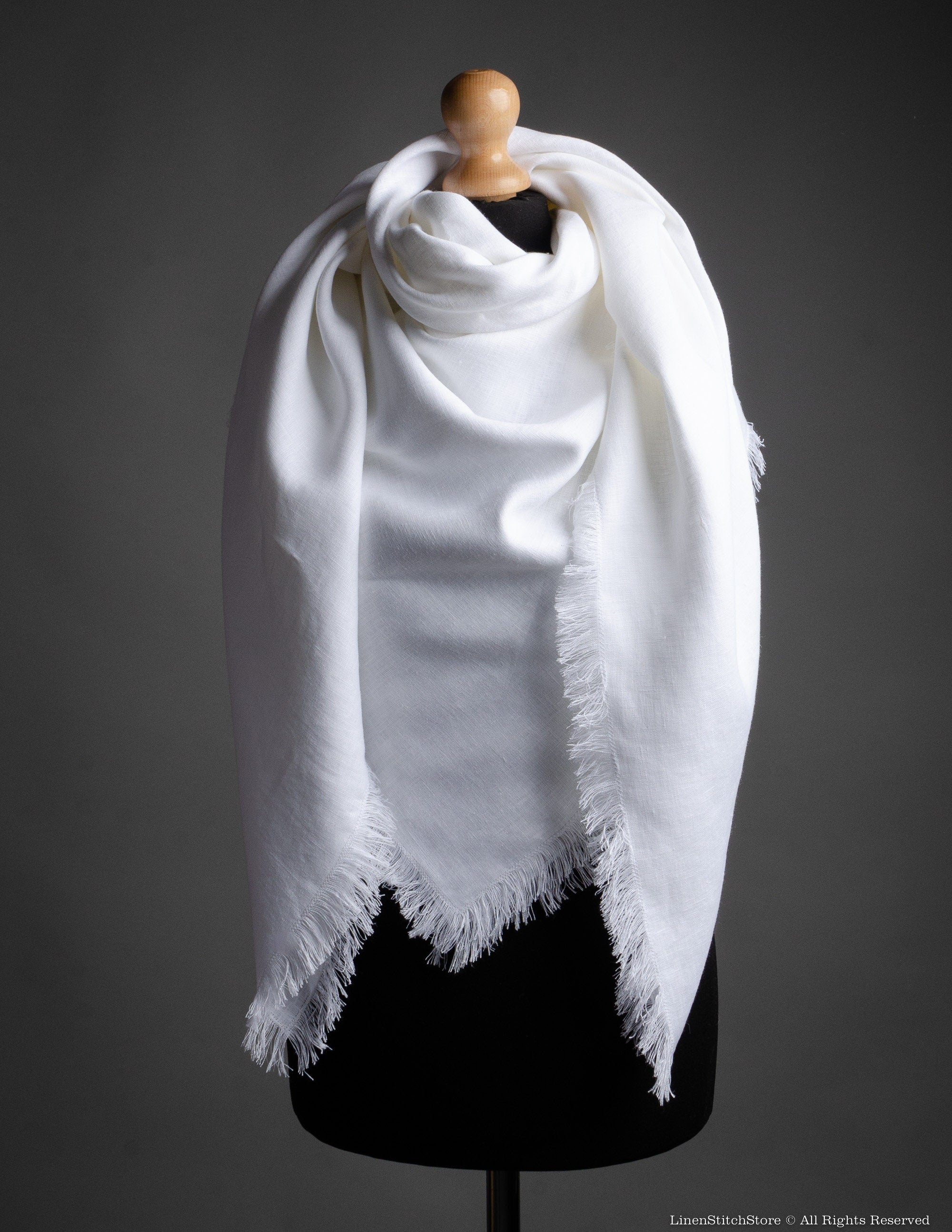 Fringled extra large WHITE color linen shawl for women, linen unisex scarf, unisex Christmas gift, brown linen wrap, tasseled linen shawl