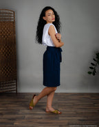 MILANA Wrap linen skirt | Navy blue