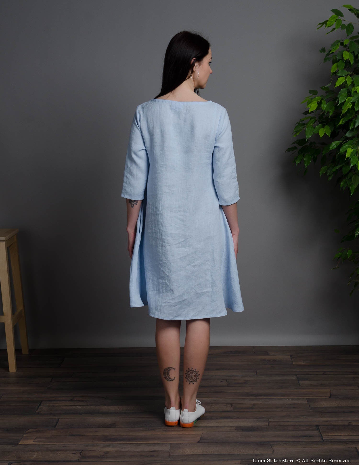 BARBARA light blue medium sleeve linen dress
