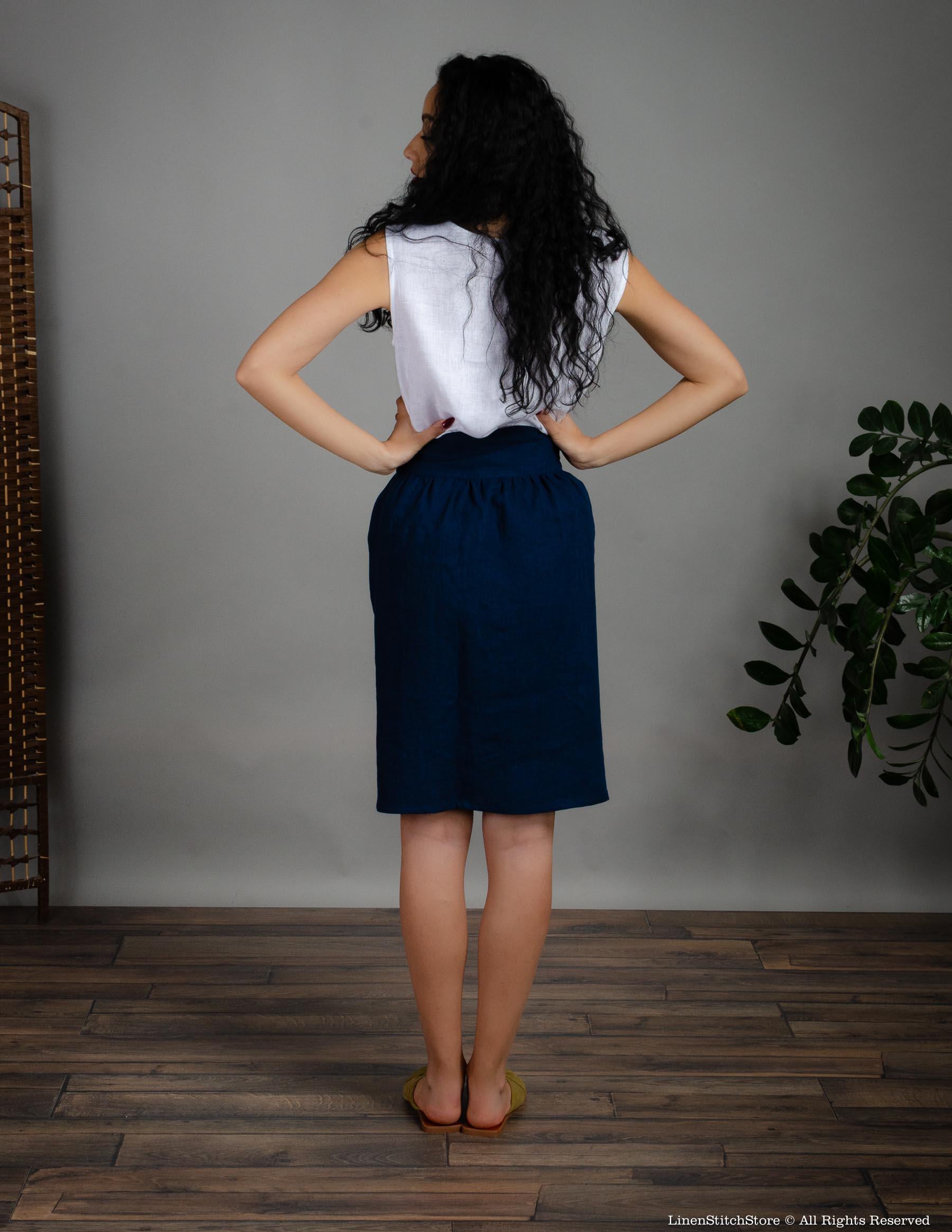 MILANA Wrap linen skirt | Navy blue