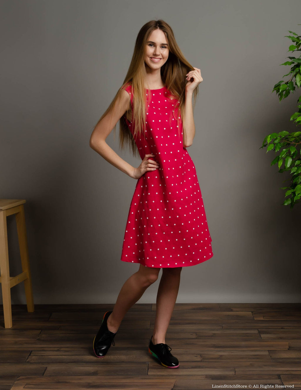 BRITNEY Linen dress | Raspberry dots