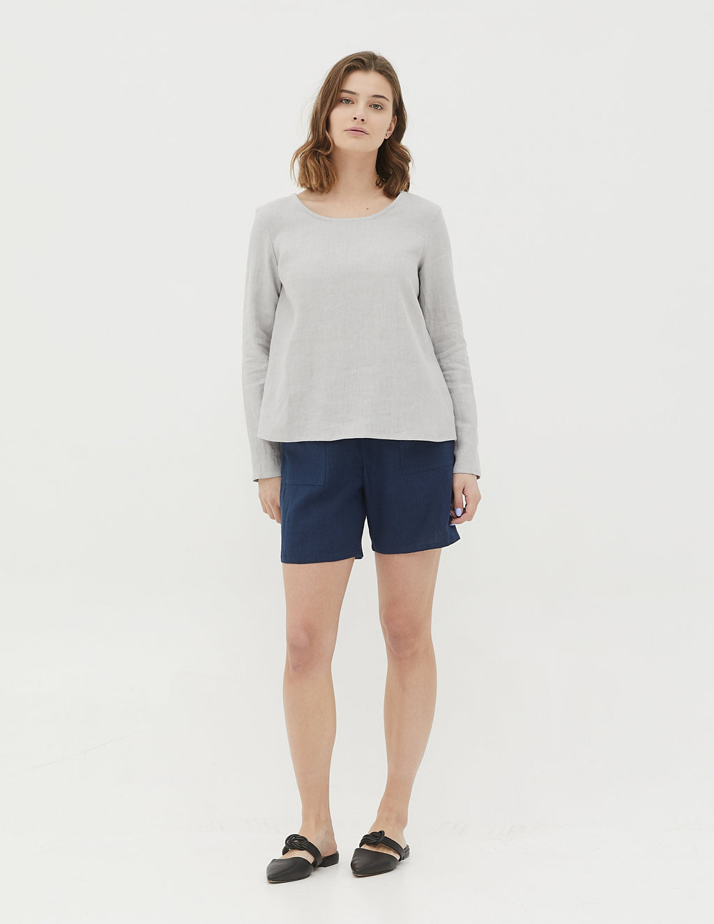 LORA long sleeve linen top, light grey colour linen shirt with splits on the sides, Simple long sleeve linen shirt in natural colour