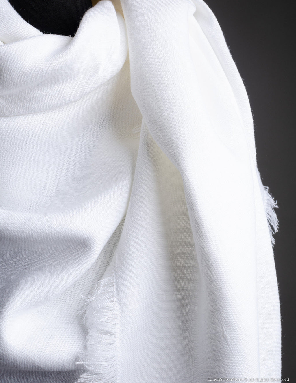 Fringled extra large WHITE color linen shawl for women, linen unisex scarf, unisex Christmas gift, brown linen wrap, tasseled linen shawl