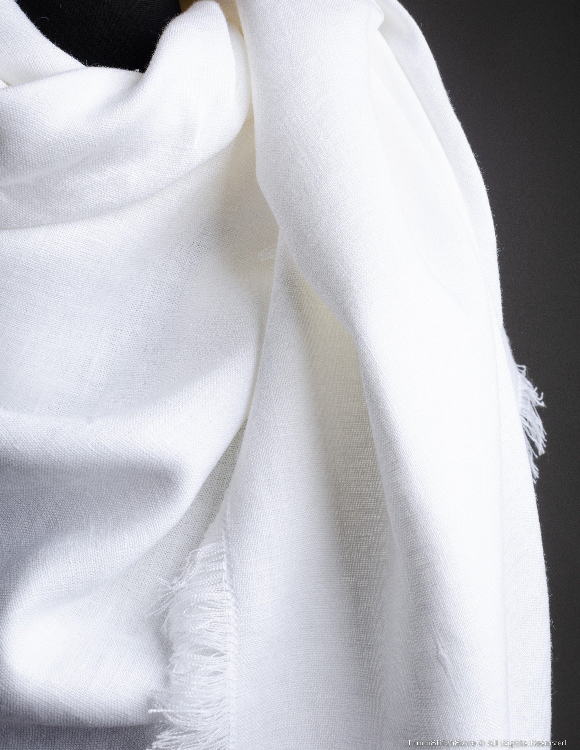 Fringled extra large WHITE color linen shawl for women, linen unisex scarf, unisex Christmas gift, brown linen wrap, tasseled linen shawl