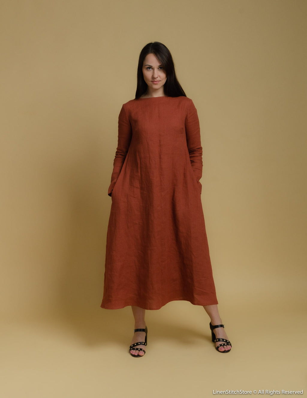 SARAH long linen dress | Hazelnut brown