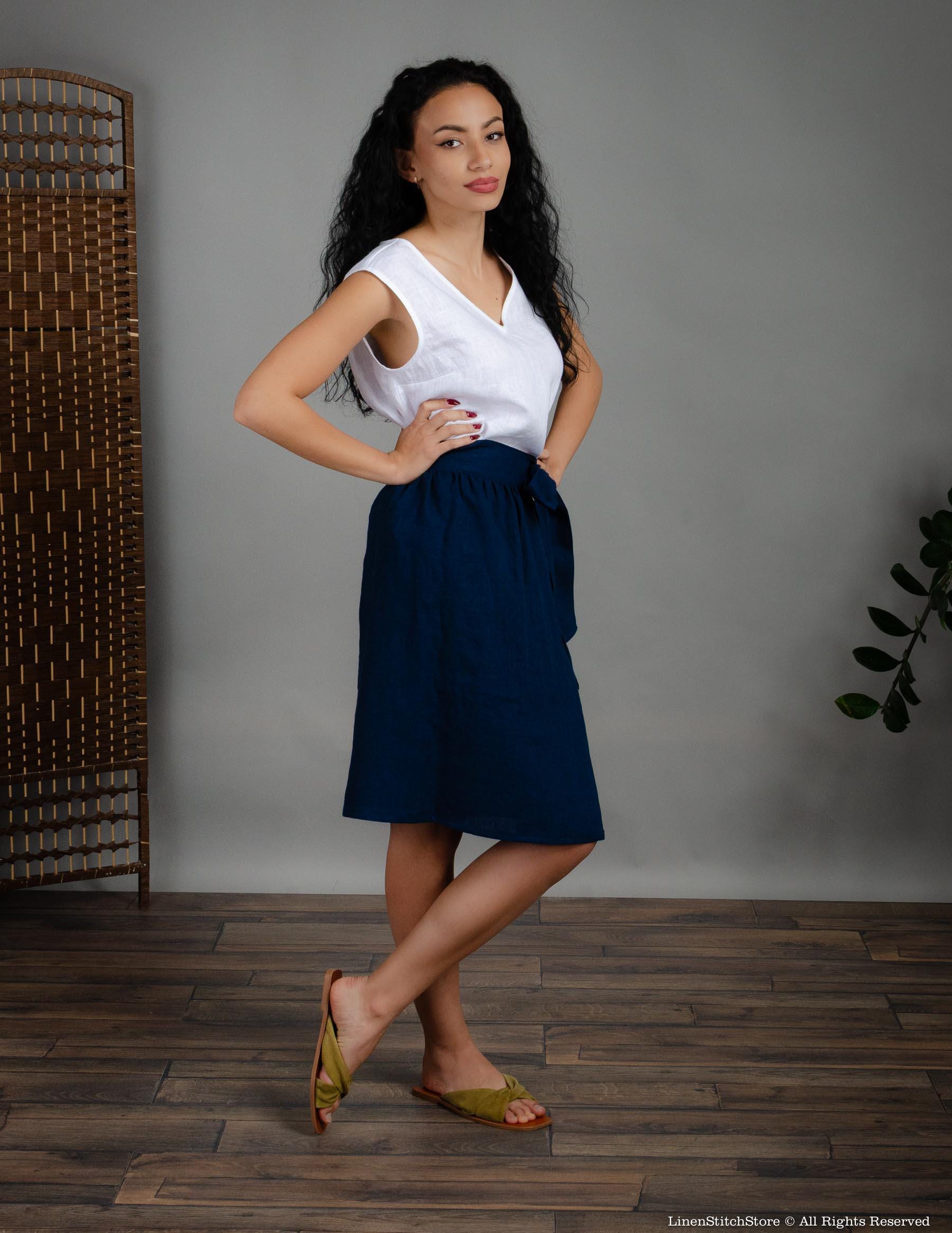 MILANA Wrap linen skirt | Navy blue