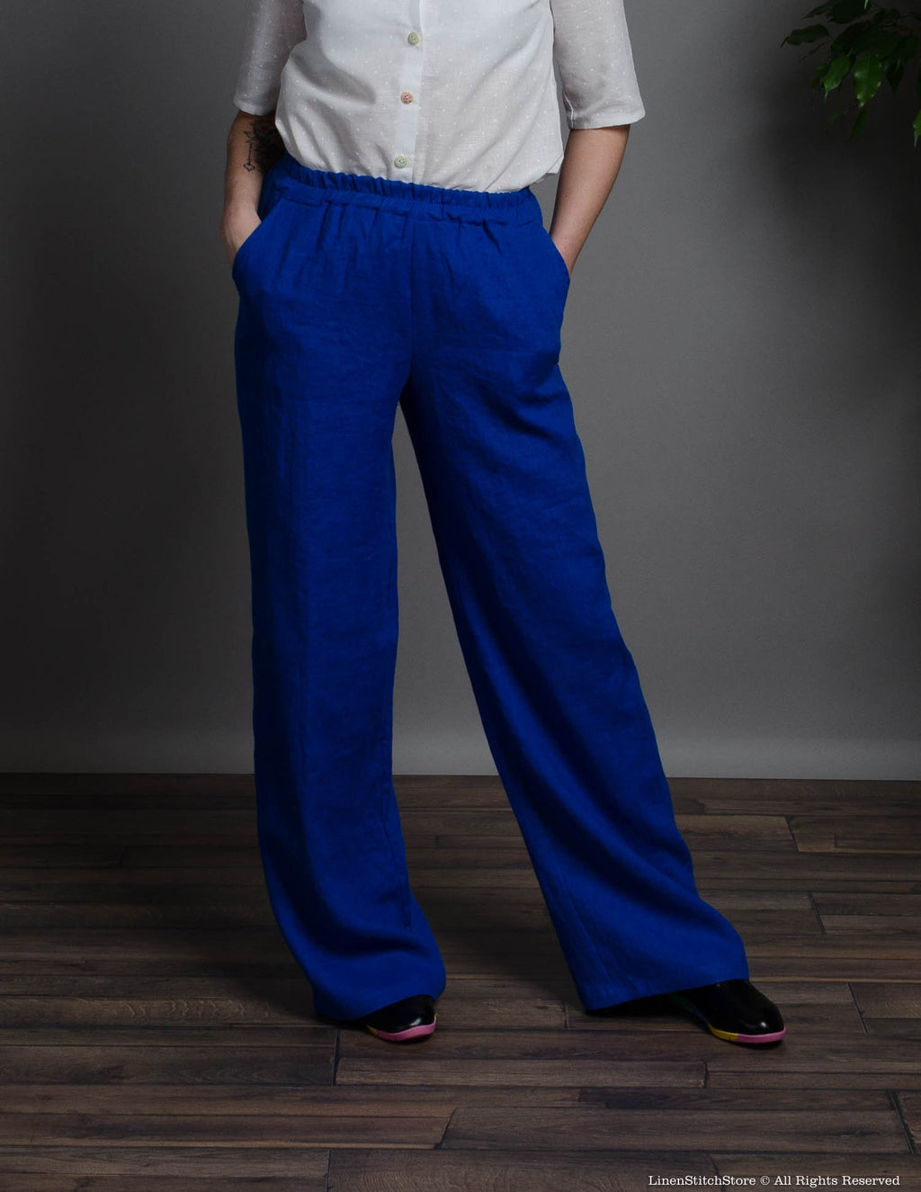LESLIE deep blue wide-leg linen pants