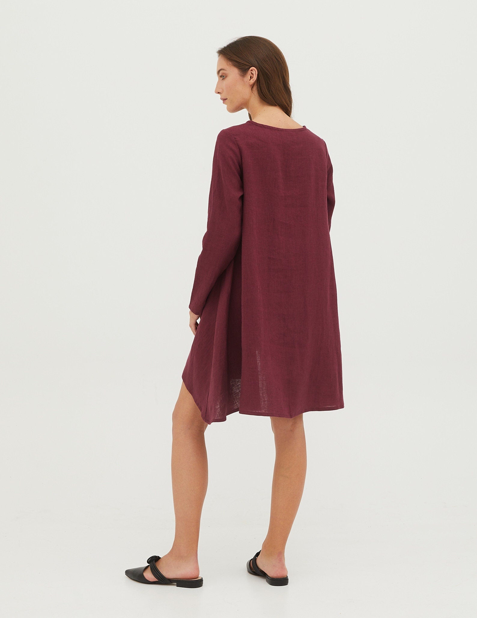 APRIL Asymmetric long sleeve MARSALA colour linen tunic for women, loose linen tunic, long linen tunic, wide linen blouse, loose linen top